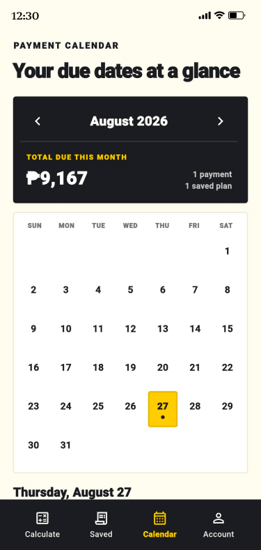 Payment due dates shown on a calendar